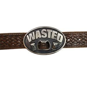 Kalan WASTED Silver Belt Buckle With Built In Bottle Opener Foaming Beer Mugs